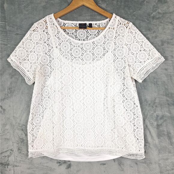 Womens Top Large White Boho Crochet Sheer Cottagecore Geometric Summer‎ Casual - Picture 1 of 6